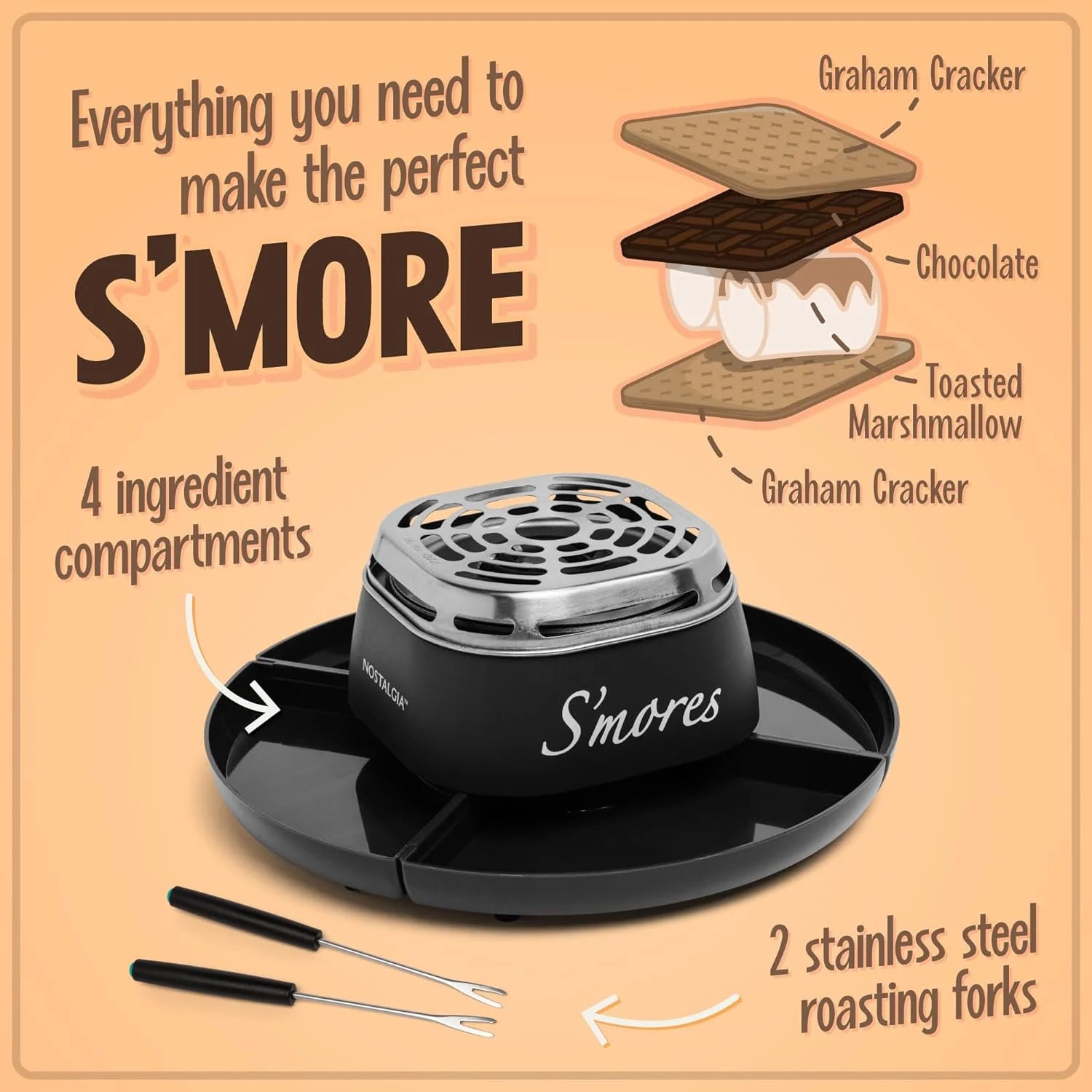 Indoor Electric Smores Maker Smores Kit with 4 Marshmallows Roasting Forks, Brown